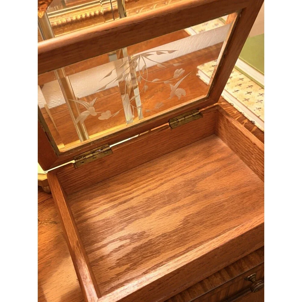 Vintage Wooden Jewelry Box With Etched Glass with flowers and hummingbirds
